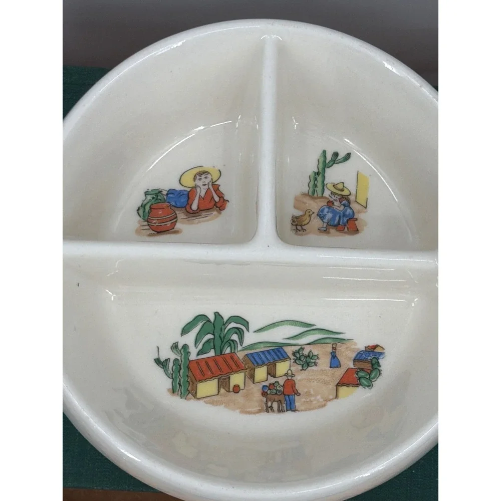 Vintage Excello Ceramic Divided Warming Dish Mexican Siesta Baby Plate with Cork